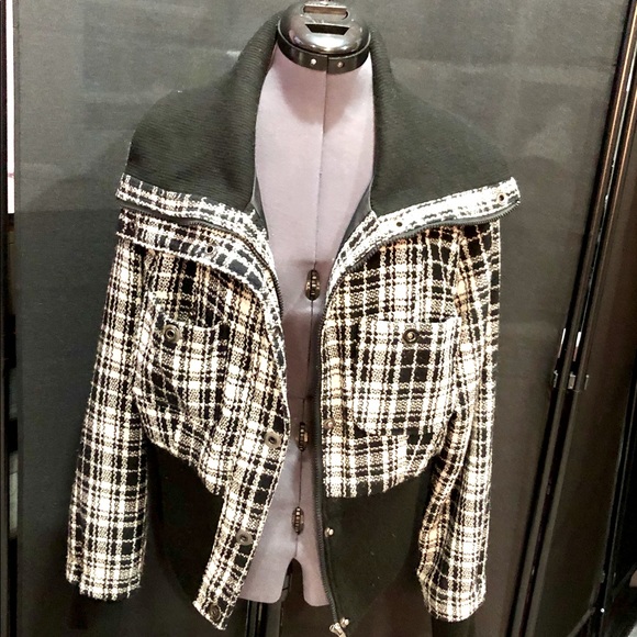 YOKI authentic brand Black & White Plaid Collared Bomber Jacket size L - Picture 2 of 12